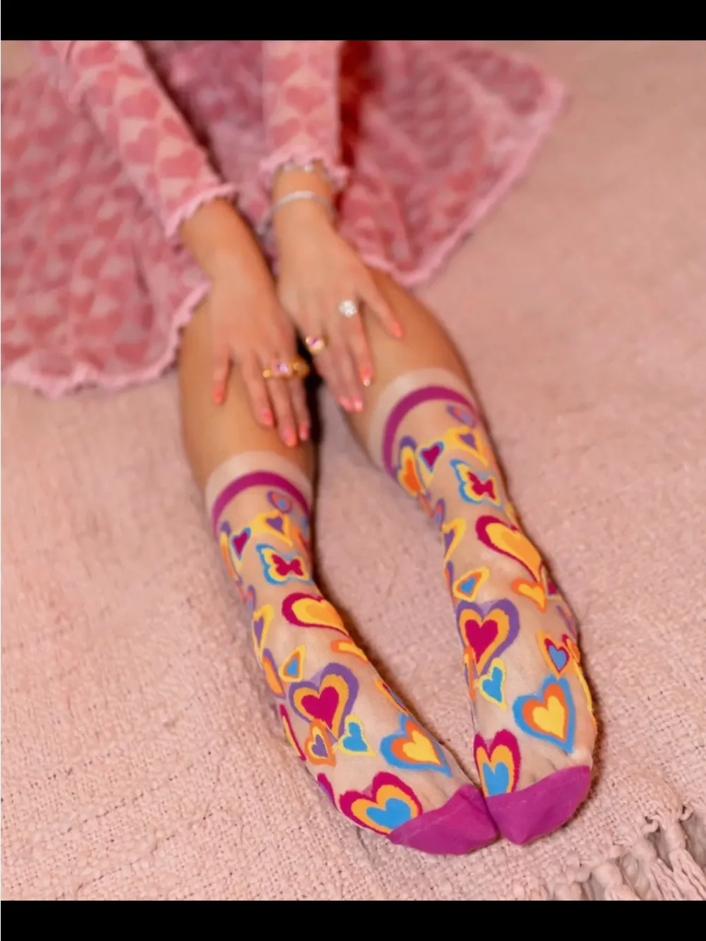 Y2K Hearts Ruffle Sheer Crew Sock.